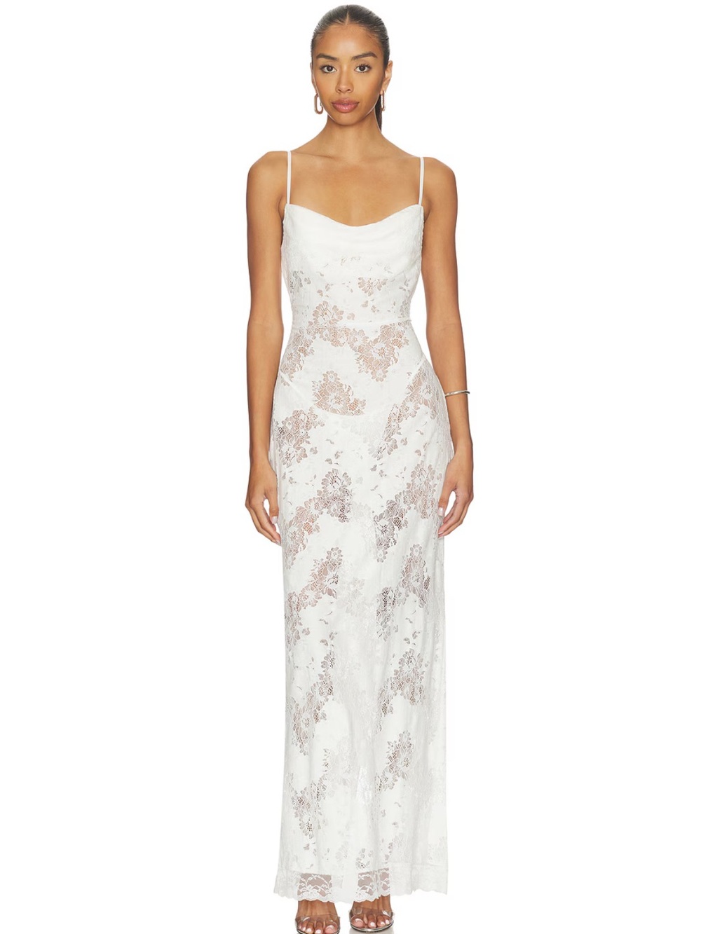 I Am Gia Revolve Leona White Lace Maxi Slip Dress with Delicate Floral Accents